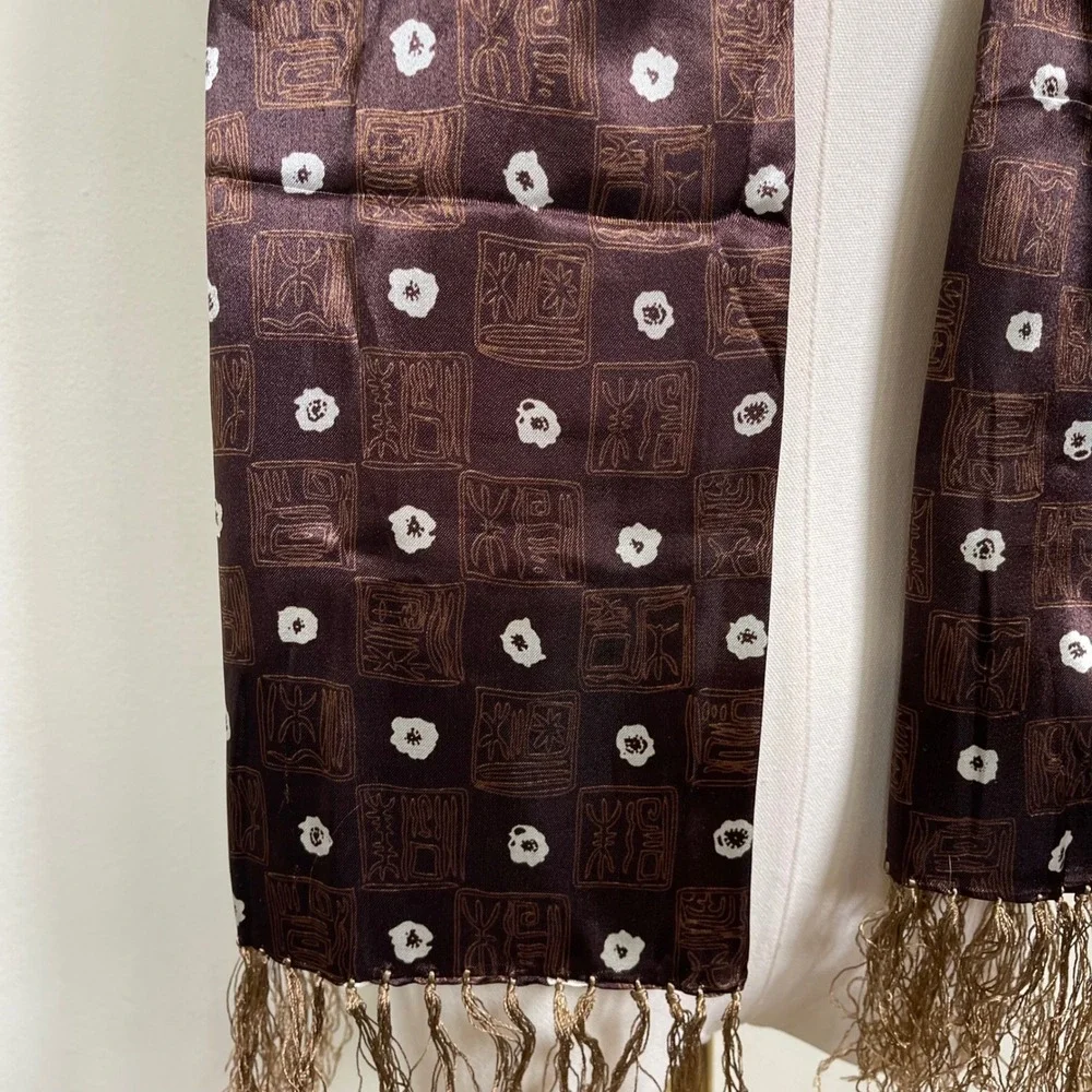 Vintage Silk Scarf Floral‎ Fringe Brown Satin Patterned Tiki 60s 70s Boho Mod